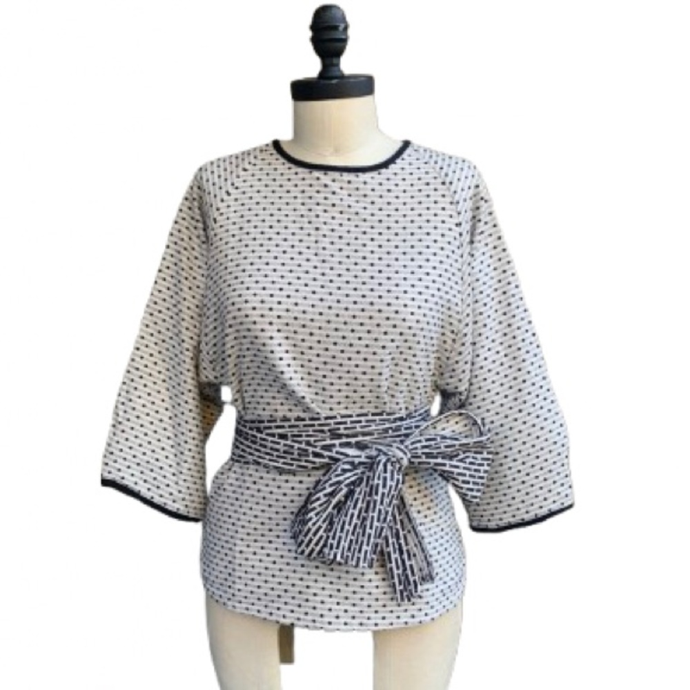 Ace & Jig Luna Natural Minidot Belted Waist Tie Sash Keyhole Cotton Top Blouse